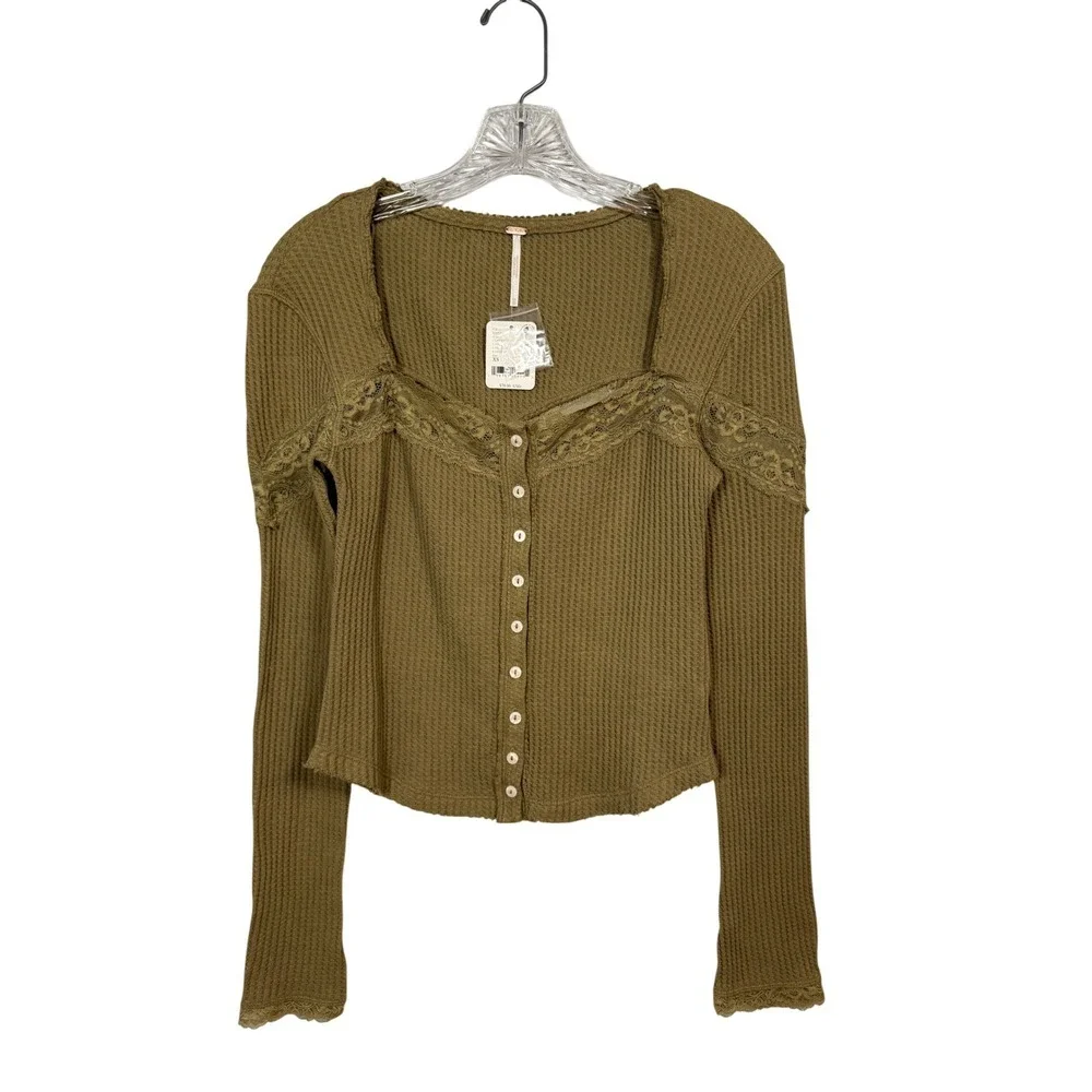 NWT Free People Let's Party Cardi, Gothic Olive, Fitted Cardigan, Lace, Size XS